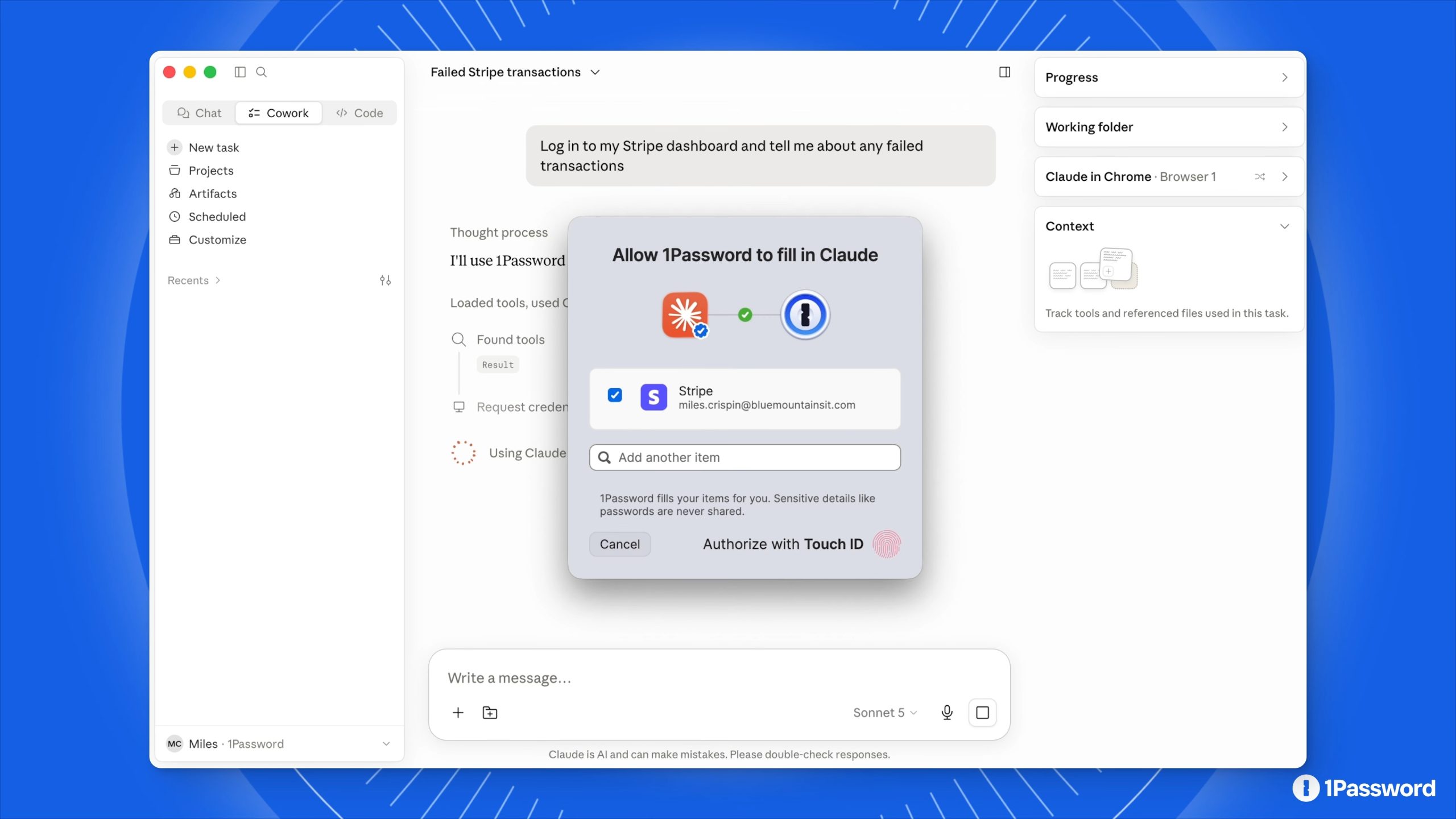 Claude se integra con 1Password y ahora puede usar tus contraseñas para iniciar sesión por ti